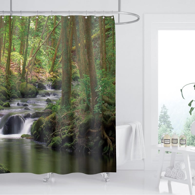 ZXMBF Nature Shower Curtain Flowing Stream Forest Waterfall Natural Landscape Green Trees Jungle Mossy Rocks Themed Scenery Waterproof Fabric Bathroom Decor 72x72 Inch Plastic Hooks 12PCS - Image 2